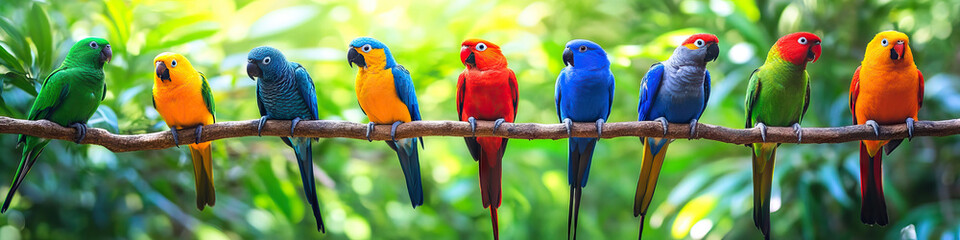 Obraz premium Beaks and Feathers: A colorful array of exotic birds perched on branches in their natural habitat.