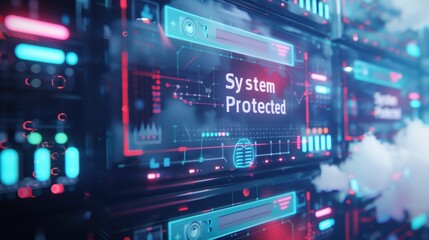 Naklejka premium Cybersecurity network servers with system protected display in futuristic data center