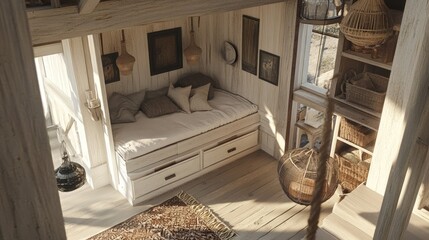 Cozy Rustic Bedroom Interior with Natural Light, Earthy Tones, Textured Textiles, and Minimalist Design in a Charming Wooden Structure with Vintage D&eacute;cor