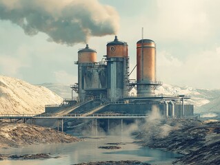 Industrial Manufacturing Facility with Smokestacks Surrounded by Landscape and Water, Emphasizing Environmental Impact and Modern Technology in Industry