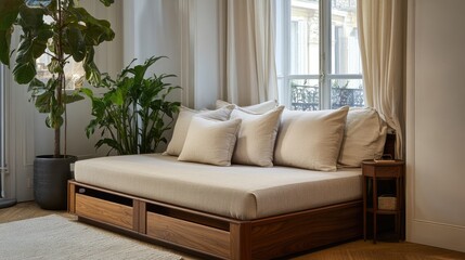 Stylish and Modern Living Room with a Cozy Daybed, Natural Light, and Indoor Plants, Featuring Elegant Textiles and Warm Wood Accents in a Contemporary Setting