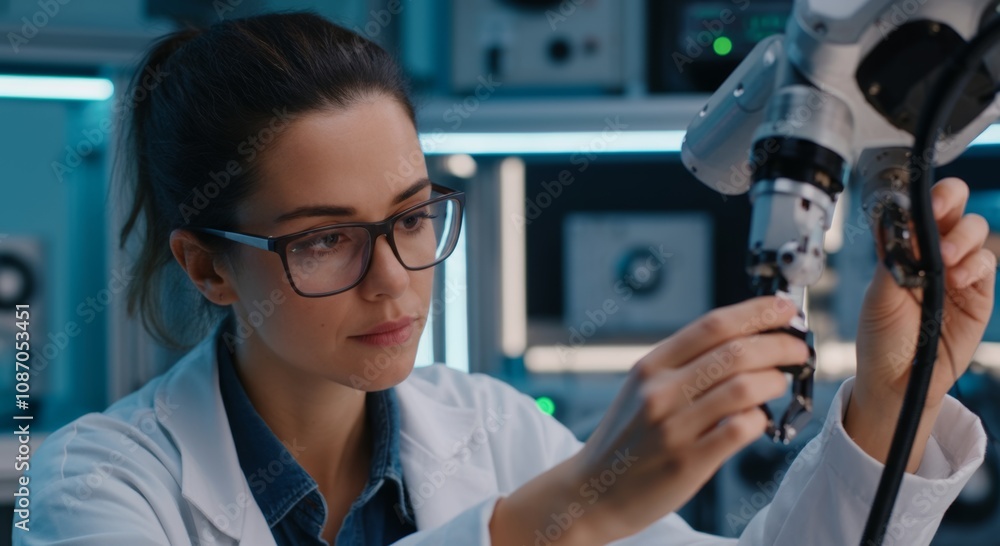 Poster female scientist adjusting robotic arm in advanced laboratory setting