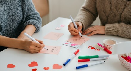 Couple creating handmade Valentine cards with hearts and markers at a cozy table