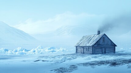 Fototapeta premium Wooden Arctic house surrounded by ice and snowy plains