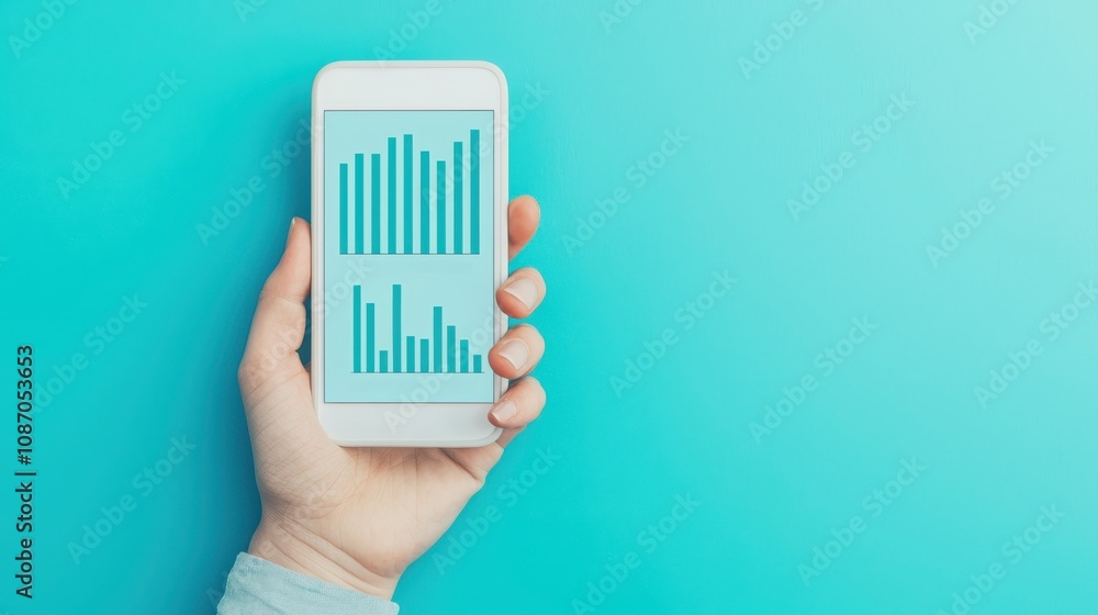 Aufkleber seo ranking mobile concept. a hand holds a smartphone displaying bar graphs on a bright teal backgro