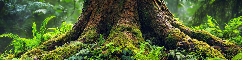 Fototapeta premium Ancient Roots of the Earth: A tree trunk, adorned with moss and ferns, standing tall amidst the lush foliage.