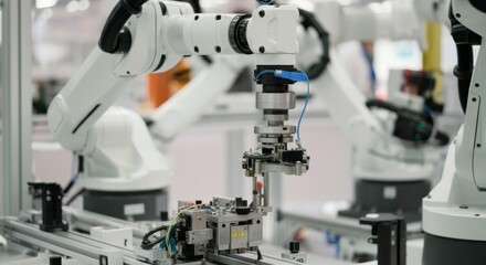 Automated industrial robots assembling machinery in manufacturing facility