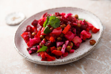 Traditional beetroot salad with green pea