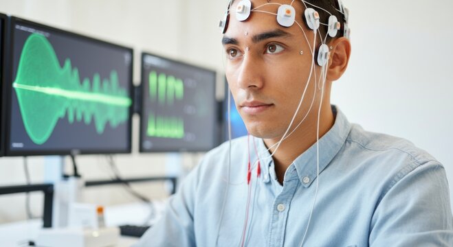 A human brain-computer interface test subject concentrating with electrodes and sensors attached, displaying real-time neural signals on nearby screens.