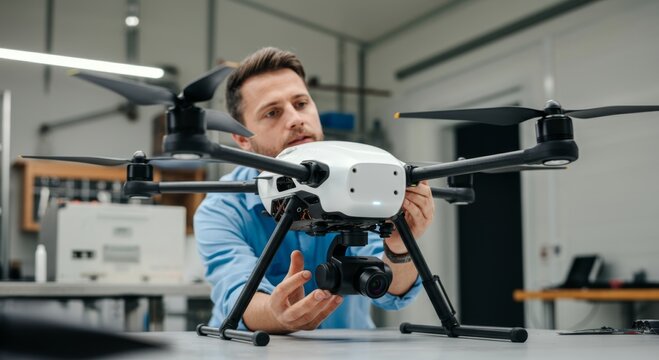 Engineer adjusting camera on high-tech quadcopter drone in modern workshop setting