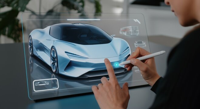A designer sketches a futuristic electric car on a holographic touch-sensitive panel with a stylus - Powered by Adobe