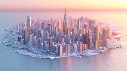 A vibrant city skyline at sunset with shimmering reflections.