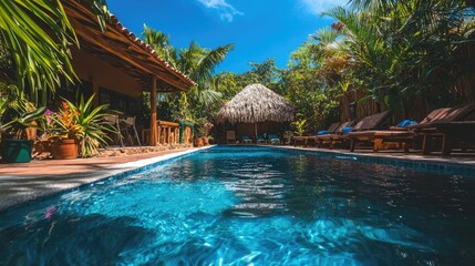 Obraz premium Tranquil Tropical Paradise Featuring a Sparkling Swimming Pool Surrounded by Lush Greenery and Rustic Cabana in Bright Sunny Weather