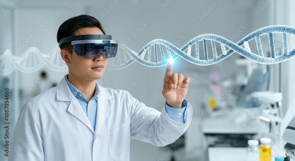 Poster scientist in lab coat using virtual reality headset to interact with dna model