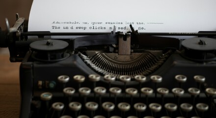 Vintage typewriter close-up with text on paper and classic circular keys
