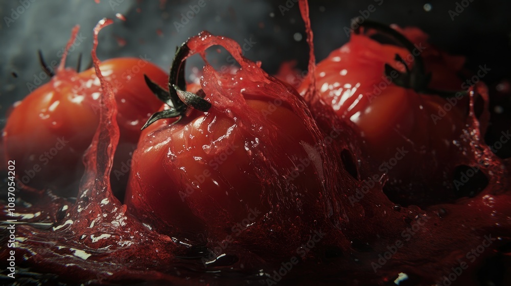 Poster Juicy red tomatoes splashing in a dark background, creating a dynamic and vibrant image.