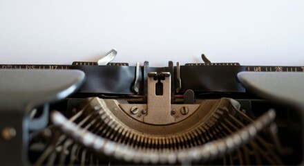 Close-up view of vintage typewriter mechanism with metal keys and black ribbon