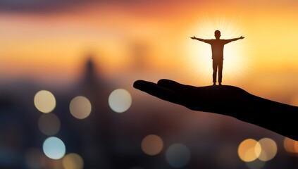 Hand holding adult male silhouette with arms outstretched on open palm
