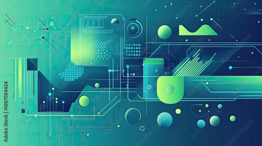 Poster Abstract teal and green tech background with circuit lines, geometric shapes, and data visualizations.