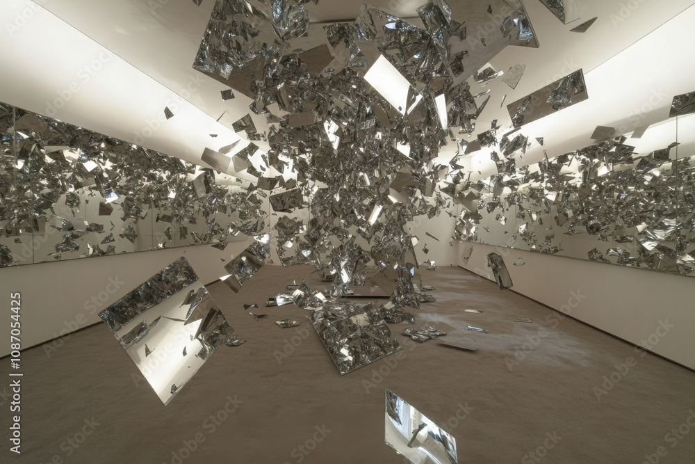 Poster manslaughter and mental illness. a reflective, fragmented space filled with mirrors, creating a diso