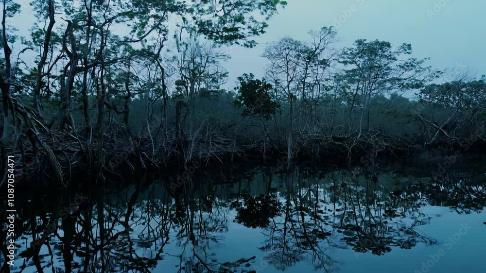 Poster tranquil mangrove forest at dusk, static wide video with soft twilight. complex root systems reflect