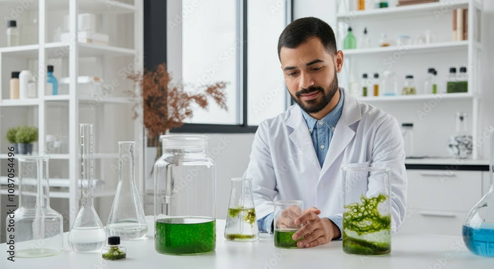 Poster a researcher conducting experiments with bio-plastics derived from algae, showing different samples 