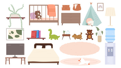 Fototapeta premium Home interior and accessories. Bed for baby and adults, children toys, carpets, cooler with water. Tv on table, plant, books on shelf, vector collection