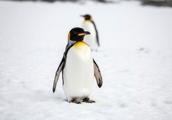 Fototapeta premium Two Emperor penguins standing on snowy Antarctic landscape