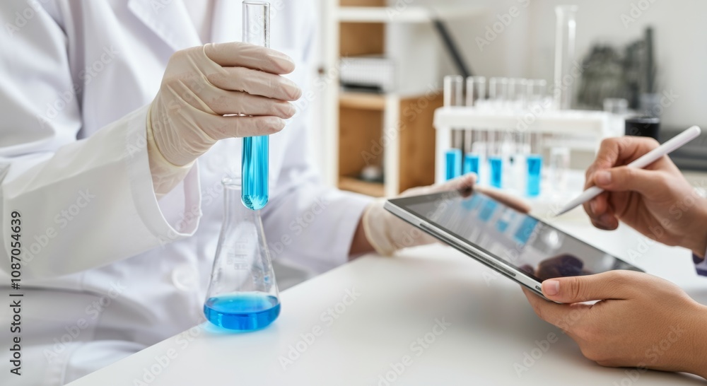 Poster scientists conducting experiment with blue liquid in laboratory using tablet for data recording