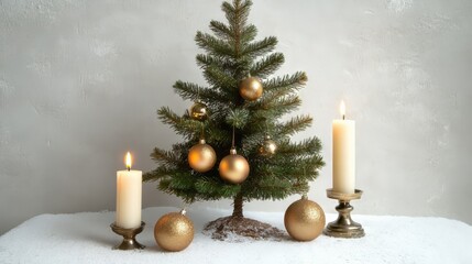 green small pine tree with lights, candles and ornaments against white background