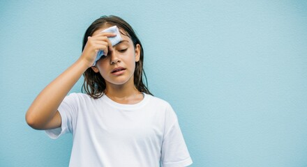 Young girl cooling down with ice pack against blue background