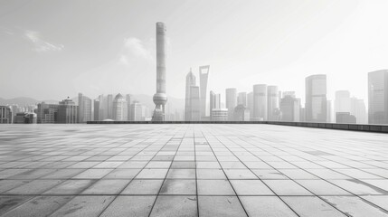 Fototapeta premium Empty square floor with city skyline background, Urban square with vibrant street market, bustling city scene