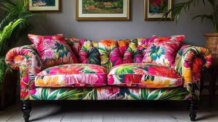 Vibrant Floral Sofa with Colorful Cushions in a Modern Living Room Setting Surrounded by Artistic Wall Decor and Natural Greenery
