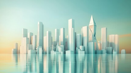 Low-polygonal city skyline reflected in calm water at sunrise.