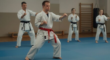 Inclusive martial arts class: karate training for all abilities, featuring diverse practitioners
