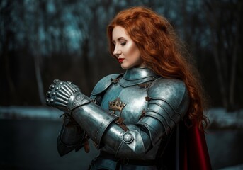 Naklejka premium Medieval female knight with red hair in steel armor by a forest stream