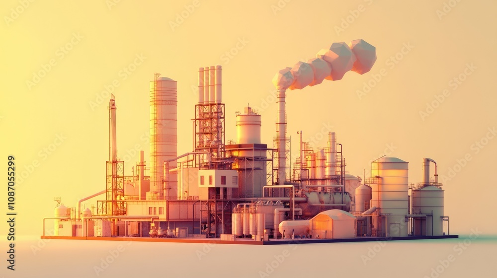 Poster low-poly rendering of an industrial complex at sunrise, showcasing various structures and smokestack