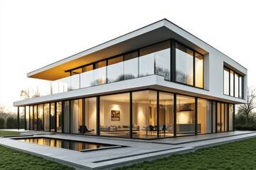 Fototapeta premium Stunning modern house design with large glass windows and elegant lines. This home features a spacious environment filled with natural light. Generative AI