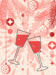 A couple of glasses of sparkling wine on a pink background. Celebrating New Year, Christmas or other holiday. 
