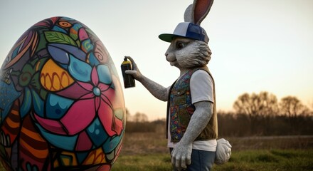 Anthropomorphic cool rabbit graffiti artist painting giant Easter egg in outdoor setting