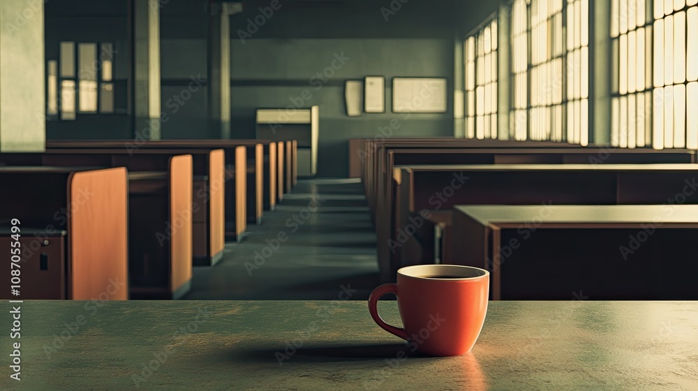 Poster a single red coffee mug sits on a table in a large, empty office space with rows of desks and large 