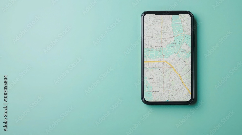 Poster seo ranking mobile concept. a smartphone displaying a map on a teal background, showcasing modern na
