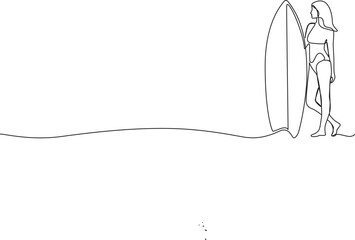 continuous single line drawing of female surfer standing on beach holding surfboard, line art vector illustration