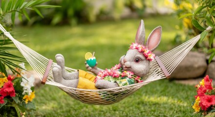 Relaxed bunny in floral attire enjoying a drink in a hammock amidst a lush garden