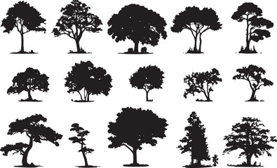 
A hyper-realistic vector illustration of black tree silhouettes