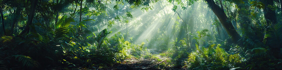Obraz premium Rainforest understory, with dappled sunlight filtering through the canopy above, creating a network of patterns on the forest floor.