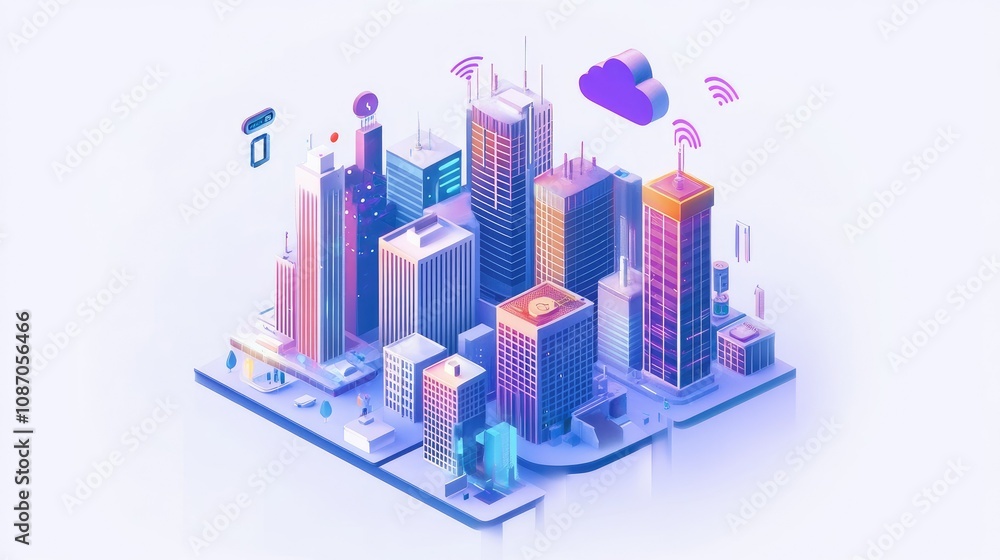 Poster isometric illustration of a smart city with connected buildings and cloud computing.