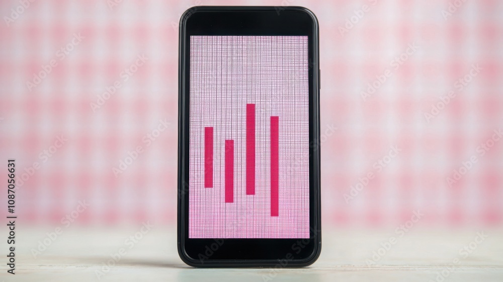 Poster seo ranking mobile concept. a smartphone displays a colorful bar graph against a pink checkered back