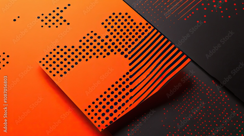 Aufkleber abstract orange and black geometric pattern design with halftone dots and lines.