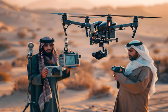 Drone Filming in Desert: Two Filmmakers Capture Stunning Aerial Shots with Professional Camera Equipment During Golden Hour
